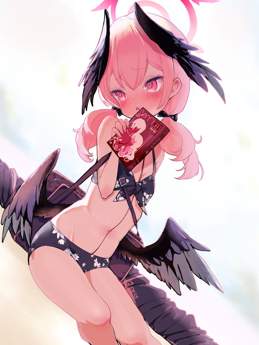 1girl bag bikini black_bag black_bikini black_bow black_wings blue_archive blush book bow breasts commentary double-parted_bangs feathered_wings feet_out_of_frame floral_print front-tie_bikini_top front-tie_top gun hair_bow halo head_wings highres holding holding_book koharu_(blue_archive) koharu_(swimsuit)_(blue_archive) long_hair looking_to_the_side low_twintails low_wings navel official_alternate_costume oozumi_03 parted_lips pink_eyes pink_hair pink_halo pornography print_bikini shoulder_bag small_breasts solo swimsuit twintails weapon wings