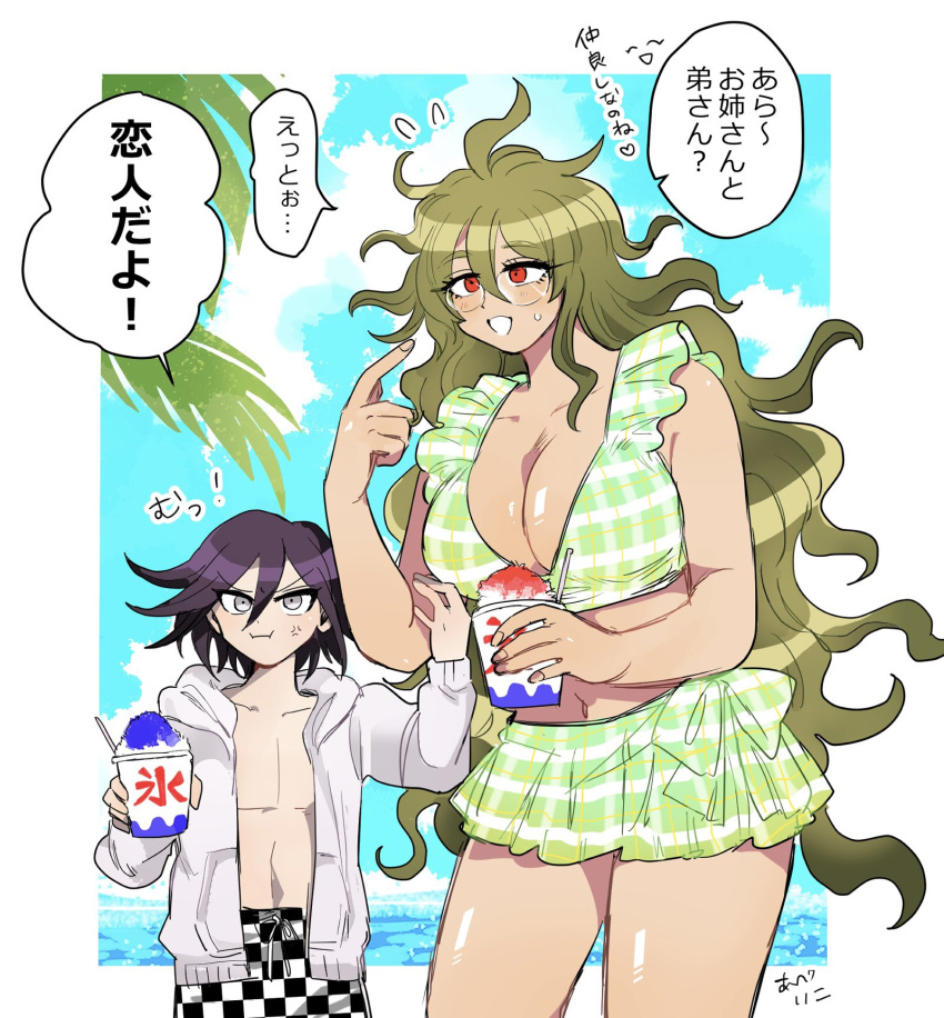 1boy 1girl abe_riko bare_arms bare_shoulders bikini bikini_skirt black_hair black_male_swimwear breasts checkered_male_swimwear cleavage danganronpa_(series) danganronpa_v3:_killing_harmony day genderswap genderswap_(mtf) glasses gokuhara_gonta green_bikini green_hair grey_eyes hair_between_eyes highres holding hood hood_down hooded_jacket huge_breasts jacket long_hair male_swimwear messy_hair navel oma_kokichi open_clothes open_jacket outdoors palm_tree round_eyewear shiny_skin speech_bubble swimsuit translation_request tree white_jacket white_male_swimwear