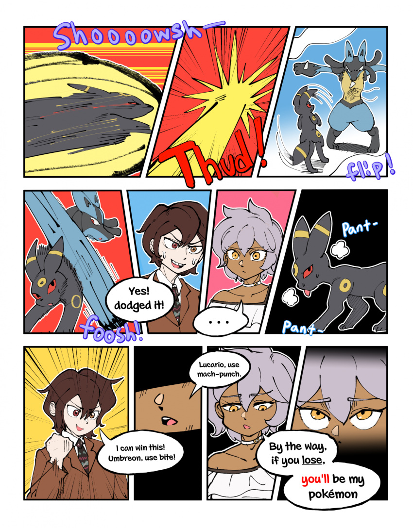 brown_hair clothed clothing colored comic dialogue dodging eeveelution english_text female gender_transformation generation_2_pokemon generation_4_pokemon group hair hi_res human lucario male mammal mtf_transformation nintendo pokemon pokemon_(species) pokemon_battle pre-transformation species_transformation speech_bubble text transformation umbreon white_hair yellow_eyes zneazel