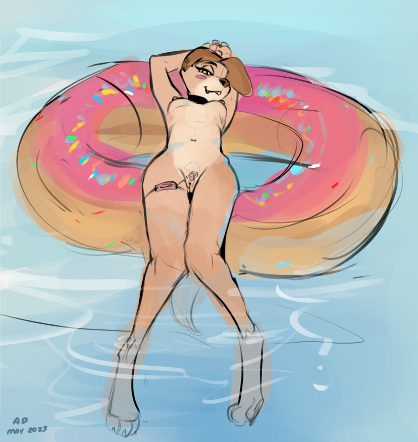 anthro azuredeer blush breasts canid canine canis colored_sketch controller digital_media_(artwork) domestic_dog donut_pool_toy female genitals hands_behind_head hi_res looking_at_viewer lying mammal nude on_back pool_toy pussy sex_toy sketch solo vibrator water
