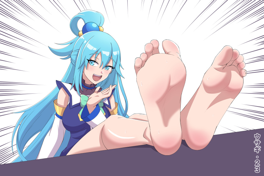 1girl absurdres aqua_(konosuba) aqua_bow aqua_bowtie bare_legs barefoot blue_eyes blue_hair blue_shirt blush bow bowtie breasts collared_shirt commentary conejologia detached_sleeves eyelashes feet feet_on_table feet_up foot_focus foreshortening grey_background hair_between_eyes hair_rings hand_up highres kono_subarashii_sekai_ni_shukufuku_wo! large_breasts legs long_hair mixed-language_commentary open_mouth shiny_skin shirt sidelocks single_hair_ring soles solo sweatdrop teeth toenails toes upper_teeth_only white_sleeves