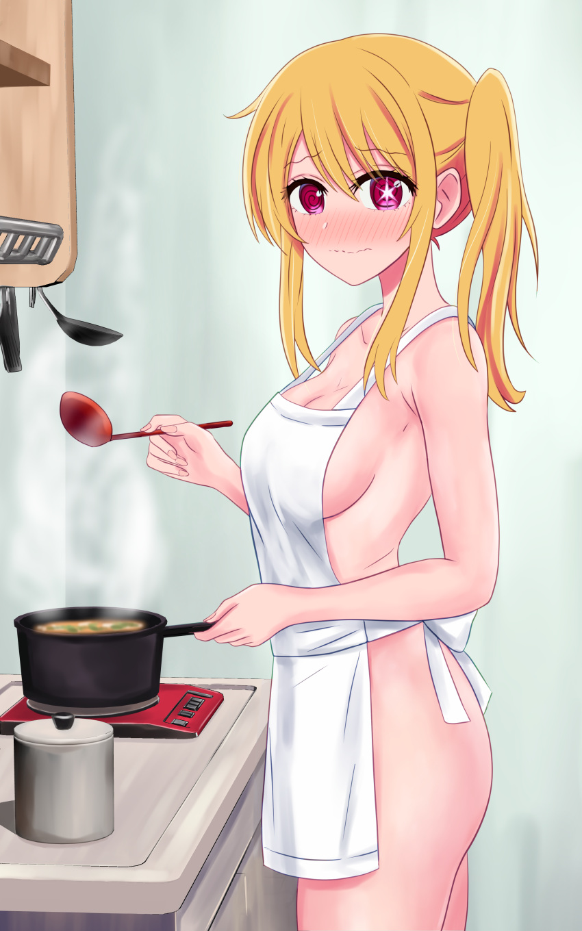 1girl absurdres apron back_bow blonde_hair blush bow breasts closed_mouth collarbone commentary cooking embarrassed english_commentary fingernails food from_side hair_between_eyes hair_ornament hands_up highres holding hoshino_ruby indoors izunomi kitchen long_fingernails long_hair looking_at_viewer medium_breasts naked_apron oshi_no_ko ponytail red_eyes saucepan side_ponytail sidelocks solo soup standing star_(symbol) star_hair_ornament steam symbol-shaped_pupils wall white_apron white_bow