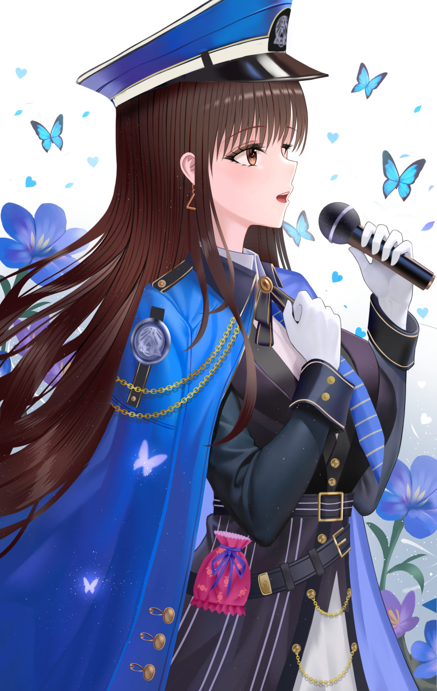 1girl absurdres black_hair breasts brown_eyes buttons cloud diesel_(nikke) earrings gloves goddess_of_victory:_nikke highres holding holding_microphone jacket jacket_on_shoulders jewelry long_hair long_sleeves microphone open_mouth solo standing thighhighs tina_(tinafya) upper_body white_gloves