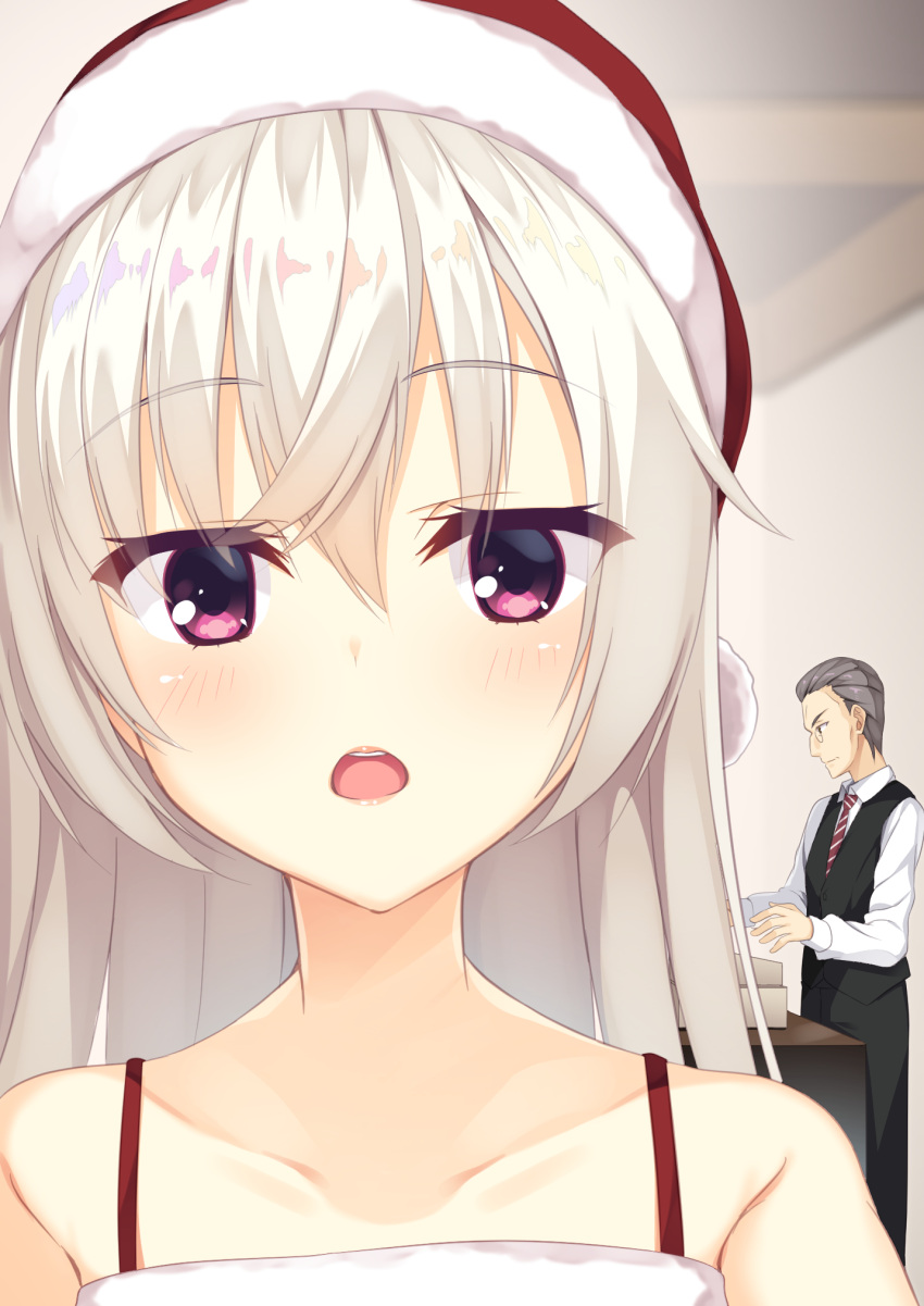 1boy 1girl akizuki_kanna aria. bare_shoulders black_pants black_vest blush cafe_stella_to_shinigami_no_chou cash_register close-up collarbone commentary_request crossed_bangs dress eyelashes eyes_visible_through_hair grey_hair hair_between_eyes hat highres indoors lips long_hair long_sleeves looking_at_viewer mikado_(cafe_stella) monocle necktie open_mouth pants profile purple_eyes red_necktie santa_dress santa_hat selfie shirt short_hair solo_focus straight-on straight_hair striped_necktie teeth upper_teeth_only variant_set vest white_hair white_shirt