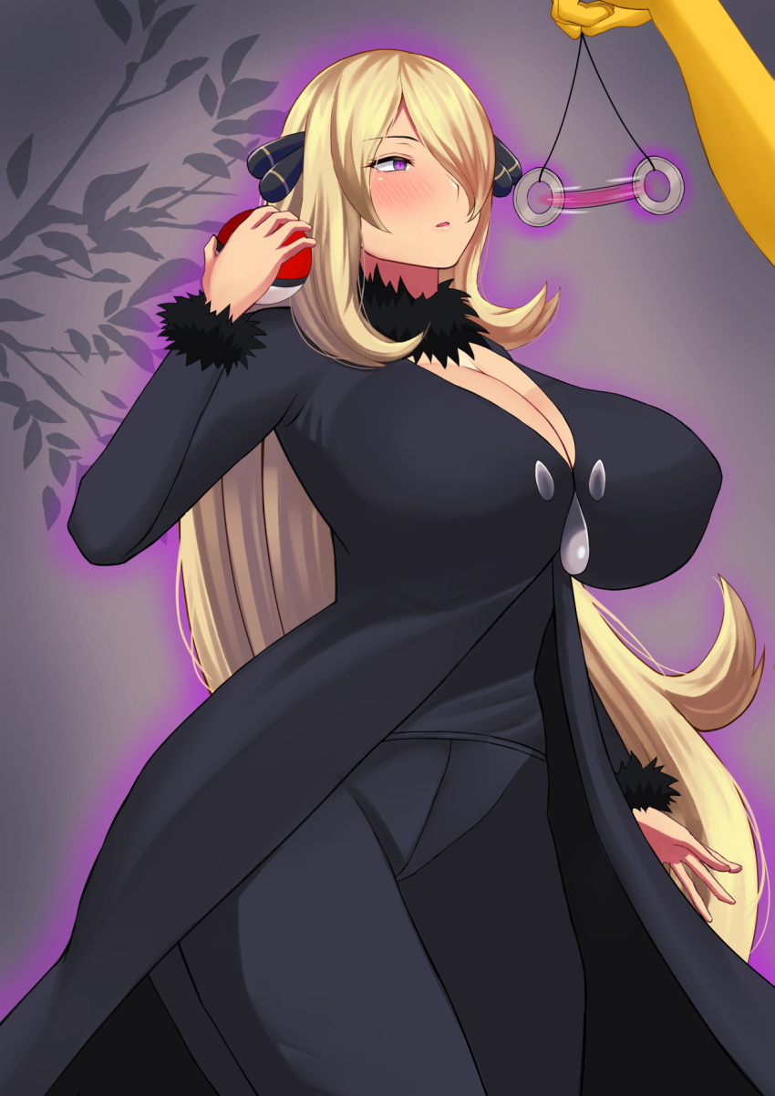 1girl aura black_coat black_pants blonde_hair blush breasts cleavage coat coin coin_on_string commentary_request cynthia_(pokemon) fur-trimmed_sleeves fur_collar fur_trim grey_eyes hair_ornament hair_over_one_eye hand_up highres holding holding_pendulum holding_poke_ball huge_breasts hypno hypnosis long_hair looking_at_object mind_control out_of_frame pants parted_lips pendulum poke_ball poke_ball_(basic) pokemon pokemon_(creature) pokemon_(game) pokemon_dppt purple_pupils skyloveit solo_focus symbol-shaped_pupils very_long_hair