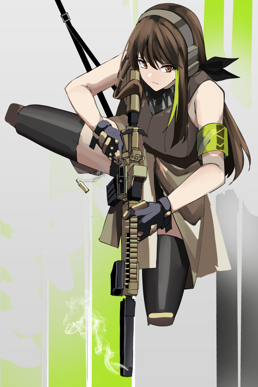 1girl absurdres assault_rifle brown_eyes brown_hair call_of_duty call_of_duty:_modern_warfare_2 casing_ejection gar32 girls'_frontline gloves green_hair gun highres holding jacket long_hair m4_carbine m4a1_(girls'_frontline) mask multicolored_hair parody rifle shell_casing skull_mask solo streaked_hair tagme weapon