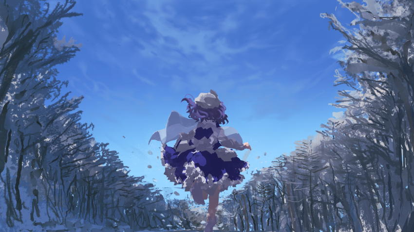 1girl absurdres blue_skirt blue_vest day frilled_skirt frills from_behind hat highres letty_whiterock long_sleeves outdoors purple_hair shoes short_hair skirt solo touhou tree ushitsuchi vest white_footwear white_headwear