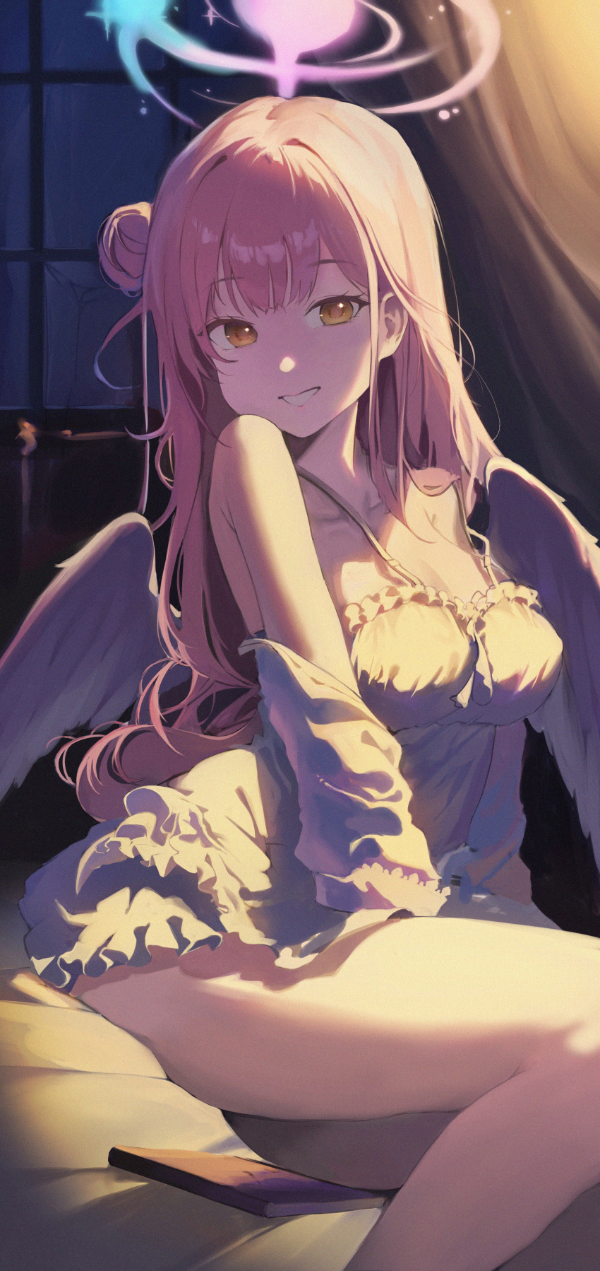 1girl absurdres angel_wings bare_legs bare_shoulders between_legs blue_archive book breasts curtains dress feet_out_of_frame frilled_dress frills from_side grin hair_bun halo hand_between_legs highres indoors long_hair looking_at_viewer mamo_(user_jjca7524) medium_breasts mika_(blue_archive) night on_bed pink_hair short_dress sidelighting single_side_bun sitting smile solo spaghetti_strap teeth turning_head white_dress window wings yellow_eyes