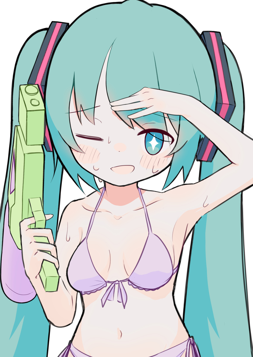 +_+ 1girl :d absurdres aqua_eyes aqua_hair arm_up armpits bikini blush breasts bright_pupils collarbone dokokanokabi dot_nose furrowed_brow hand_on_forehead hatsune_miku highres holding holding_water_gun long_hair looking_at_viewer navel one_eye_closed open_mouth pink_bikini salute shading_eyes simple_background small_breasts smile solo straight-on sweat swimsuit twintails upper_body very_long_hair vocaloid water_gun white_background white_pupils