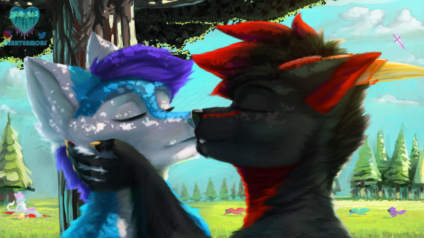 anthro arctic_fox canid canine claws cloudthefox day duo eyes_closed fox hair heartermobs hi_res horn hybrid kiss_on_lips light machine male male/male mammal plant protogen purple_hair sergal shadow skarlax sunlight teeth_visible tree