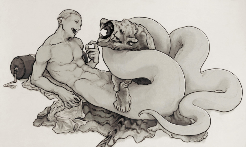 1boy aaaaa_works completely_nude fangs full_body grey_background greyscale hand_up highres looking_at_object lying male_focus monochrome nude on_back open_mouth original pelt pillow pointy_ears short_hair simple_background snake_boy solo tiger_pelt toned toned_male very_short_hair