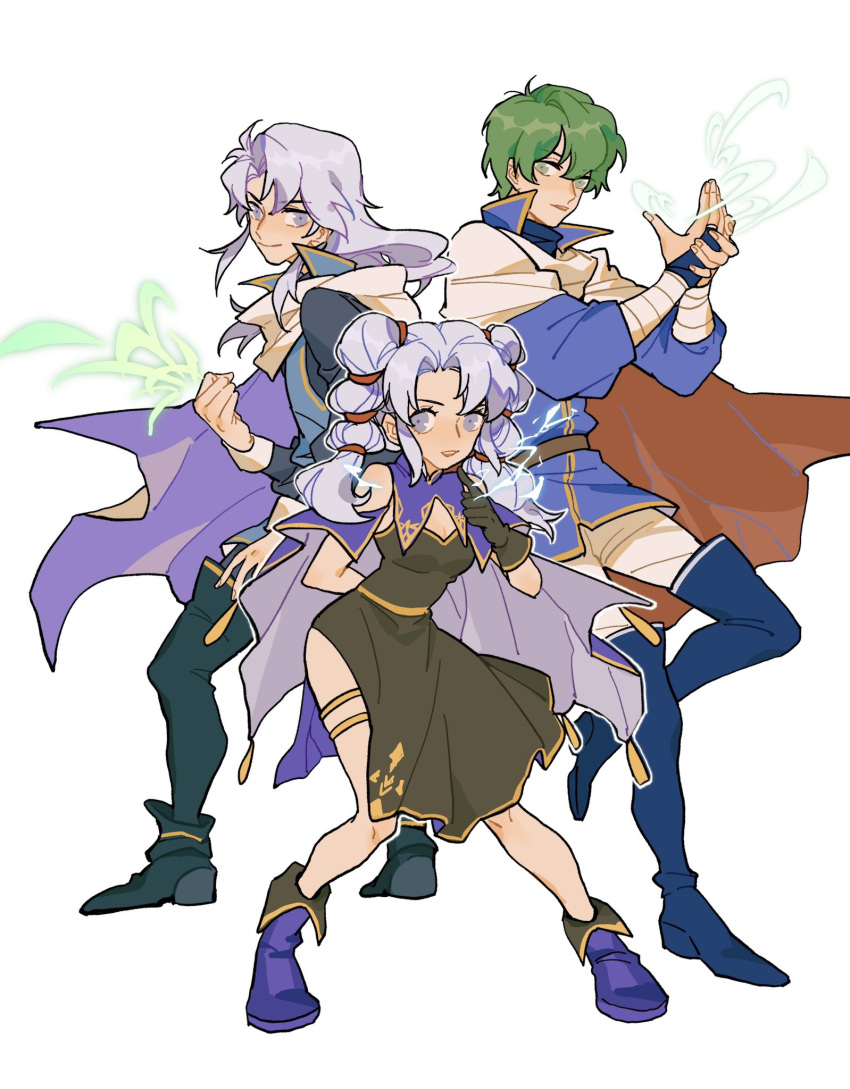 1girl 2boys arthur_(fire_emblem:_genealogy_of_the_holy_war) black_dress black_footwear black_gloves blue_coat blue_footwear boots breasts cape casting_spell ced_(fire_emblem) cleavage coat collar collared_dress commentary_request curtained_hair dress fire_emblem fire_emblem:_genealogy_of_the_holy_war gloves gold_trim green_eyes green_hair highres julianlynnnn lightning long_hair multi-tied_hair multiple_boys purple_cape purple_eyes purple_footwear purple_hair red_cape sleeveless sleeveless_dress small_breasts standing standing_on_one_leg thighlet tine_(fire_emblem) twintails white_background