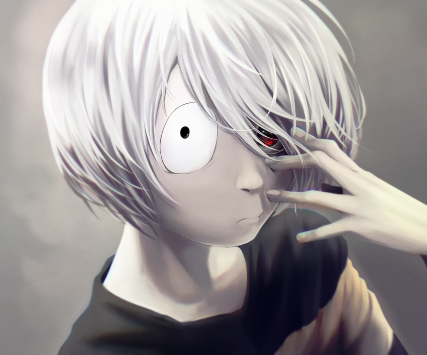 ._. 2boys aged_up black_eyes close-up commentary_request father_and_son gegege_no_kitarou grey_hair hair_over_one_eye hand_on_own_face highres kitarou kujukusima looking_at_viewer male_focus medama_oyaji multiple_boys red_eyes simple_background