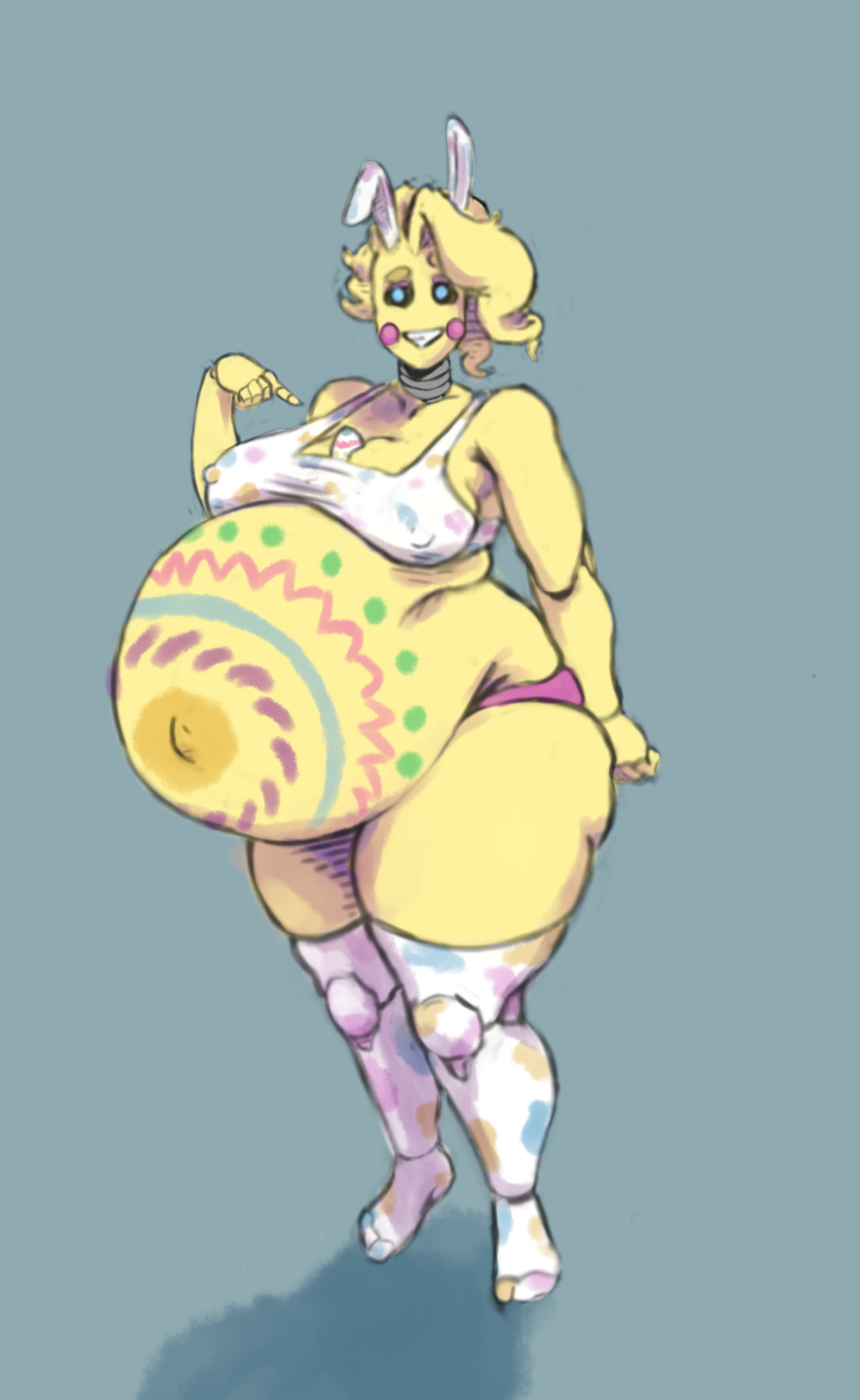 absurd_res animatronic avian awful_lad belly big_belly bird chicken clothing easter easter_egg fake_ears fake_rabbit_ears female five_nights_at_freddy's five_nights_at_freddy's_2 galliform gallus_(genus) hi_res holidays legwear machine painted_belly panties phasianid pregnant robot scottgames shirt smile solo tank_top thick_thighs thigh_highs topwear toy_chica_(fnaf) underwear wide_hips