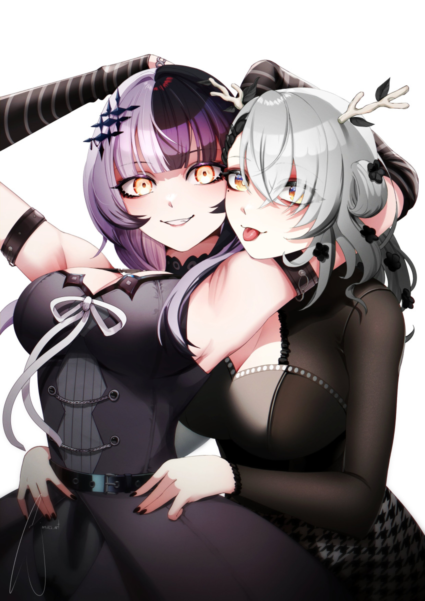2girls absurdres alternate_costume alternate_hair_color antlers arm_belt belt black_belt black_dress black_flower black_gloves black_hair black_nails blunt_bangs braid braided_bangs breasts ceres_fauna choker cleavage cleavage_cutout clothing_cutout dress elbow_gloves eyes_visible_through_hair flower gloves grey_hair hair_flower hair_ornament hair_over_one_eye hand_on_own_head hands_on_another's_hips highres holding_another's_head hololive hololive_english jamwes jewelry long_hair long_sleeves looking_at_viewer mole mole_under_eye multicolored_hair multiple_girls one_side_up ribbon ring shiori_novella signature sleeveless sleeveless_dress smile split-color_hair striped striped_arm_warmers striped_gloves teeth tongue tongue_out two-tone_hair virtual_youtuber white_background white_hair white_ribbon yellow_eyes