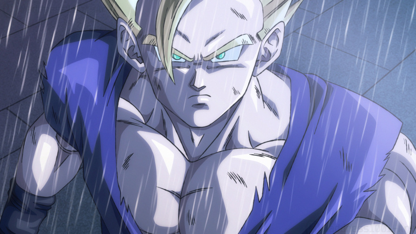 1boy absurdres battle_damage blonde_hair damaged dragon_ball dragon_ball_super dragon_ball_super_super_hero floor green_eyes highres kubota_chikashi_(style) looking_at_viewer maddnessart muscular muscular_male rain son_gohan super_saiyan