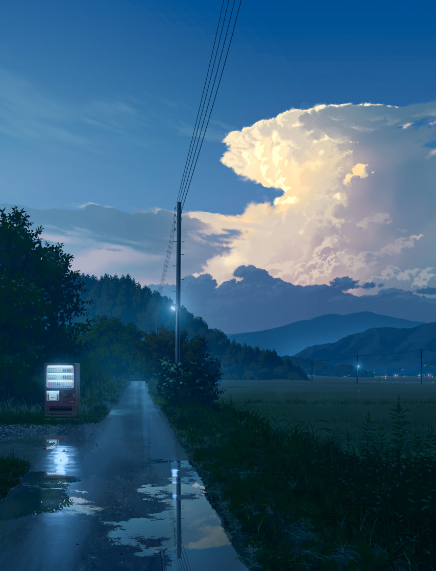 blue_sky cloud evening highres karanagi no_humans original outdoors power_lines puddle rice_paddy road scenery sky utility_pole vending_machine water