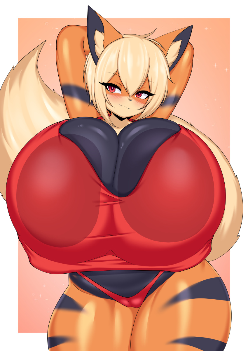 2023 absurd_res against_surface anthro arcanine big_breasts breasts clothing curvy_figure female fur generation_1_pokemon hi_res huge_breasts nintendo orange_body orange_fur pokemon pokemon_(species) simple_background solo striped_body stripes tail tailzkim topwear underwear voluptuous