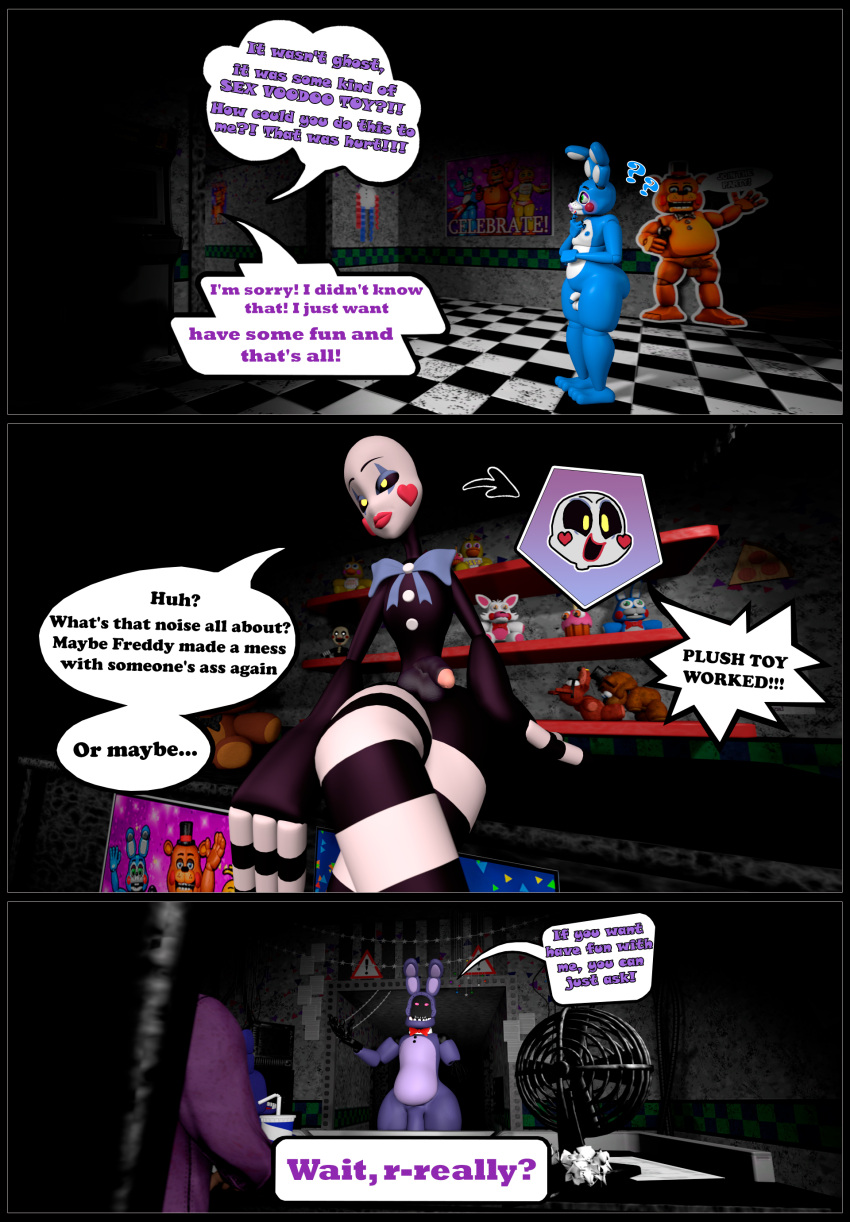 2d_(artwork) 3d_(artwork) absurd_res animatronic anthro balls belly bow_tie comic digital_media_(artwork) english_text five_nights_at_freddy's five_nights_at_freddy's_2 genitals hi_res lagomorph leporid machine male mammal marionette_(fnaf) nsg_editor nude penis plushie rabbit robot scottgames source_filmmaker text toy_bonnie_(fnaf) withered_bonnie_(fnaf)