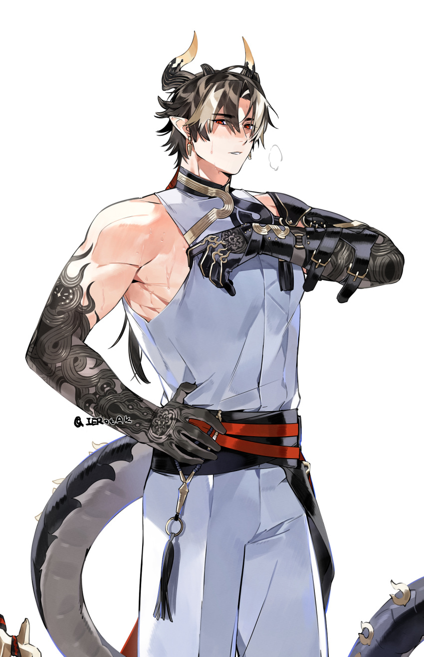 1boy arknights armor armpits black_bow black_shirt black_skirt blonde_hair bow brown_hair chong_yue_(arknights) clothes_pull colored_skin commentary_request dragon_boy dragon_horns dragon_tail earrings gauntlets highres horns ierotak jewelry looking_at_viewer male_focus multicolored_hair muscular muscular_male navel panties parted_bangs parted_lips pointy_ears red_eyes shirt shoulder_armor signature simple_background single_gauntlet skirt sleeveless sleeveless_shirt solo streaked_hair sweat tail tassel underwear visible_air white_background white_panties