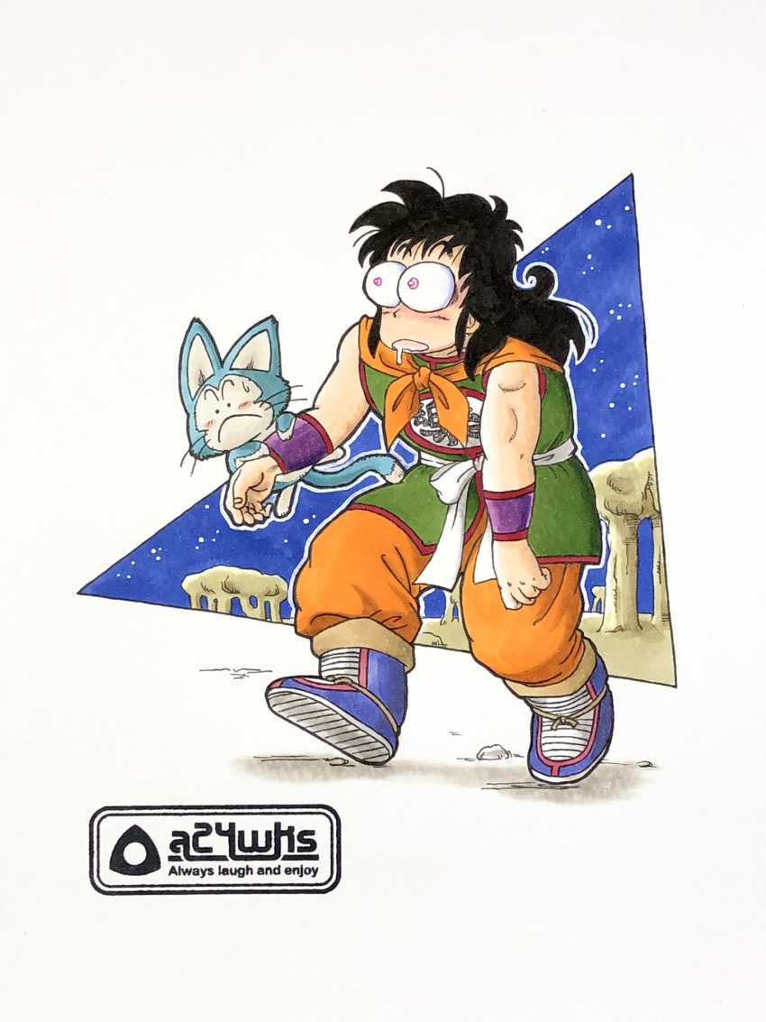 2boys a24wks artist_name black_hair boots bulging_eyes commentary_request dragon_ball dragon_ball_(classic) drooling eye_pop frown highres long_hair male_focus marker_(medium) multiple_boys neckerchief night night_sky official_style open_mouth orange_neckerchief pink_hair puar sky slouching star_(sky) starry_sky toriyama_akira_(style) traditional_media watermark yamcha
