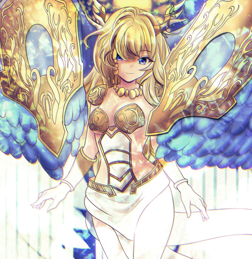 1girl blonde_hair blue_eyes blue_wings breasts cowboy_shot duel_monster feathered_wings hair_over_one_eye highres horns humanization jewelry long_hair medium_breasts necklace pelvic_curtain saffira_queen_of_dragons smile solo usuba-kagerou vambraces wings yu-gi-oh!