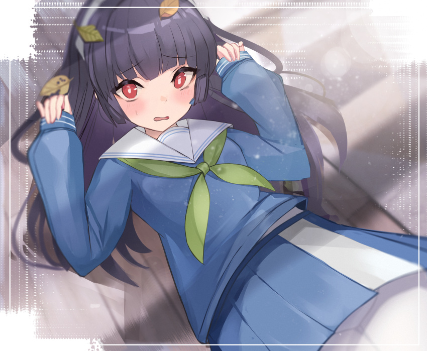 1girl autumn_leaves black_hair blue_archive blue_shirt blue_skirt blunt_bangs blurry blurry_background blush bright_pupils commentary darudana flat_chest framed green_neckerchief hands_up highres hug leaf leaf_on_head lens_flare long_hair long_sleeves looking_at_viewer lying miniskirt miyu_(blue_archive) neckerchief on_back open_mouth pantyhose pleated_skirt sailor_collar school_uniform serafuku shirt sidelocks skirt sleeves_past_wrists solo sweatdrop wavy_mouth white_pantyhose white_pupils white_sailor_collar