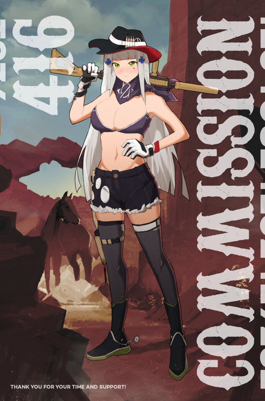 1girl alternate_costume ammunition assault_rifle bare_shoulders bikini breasts cleavage commission cowboy cowboy_hat denim denim_shorts english_commentary facial_mark girls'_frontline gloves green_eyes gun gun_on_back h&amp;k_hk416 hand_on_own_hip hat heckler_&amp;_koch highres hk416_(girls'_frontline) horse large_breasts long_hair lowleg lowleg_pants navel outdoors over_shoulder pants rifle scarf shoes shorts sidelocks sneakers solo suppressor swimsuit teardrop teardrop_facial_mark teardrop_tattoo variasii very_long_hair weapon weapon_on_back weapon_over_shoulder