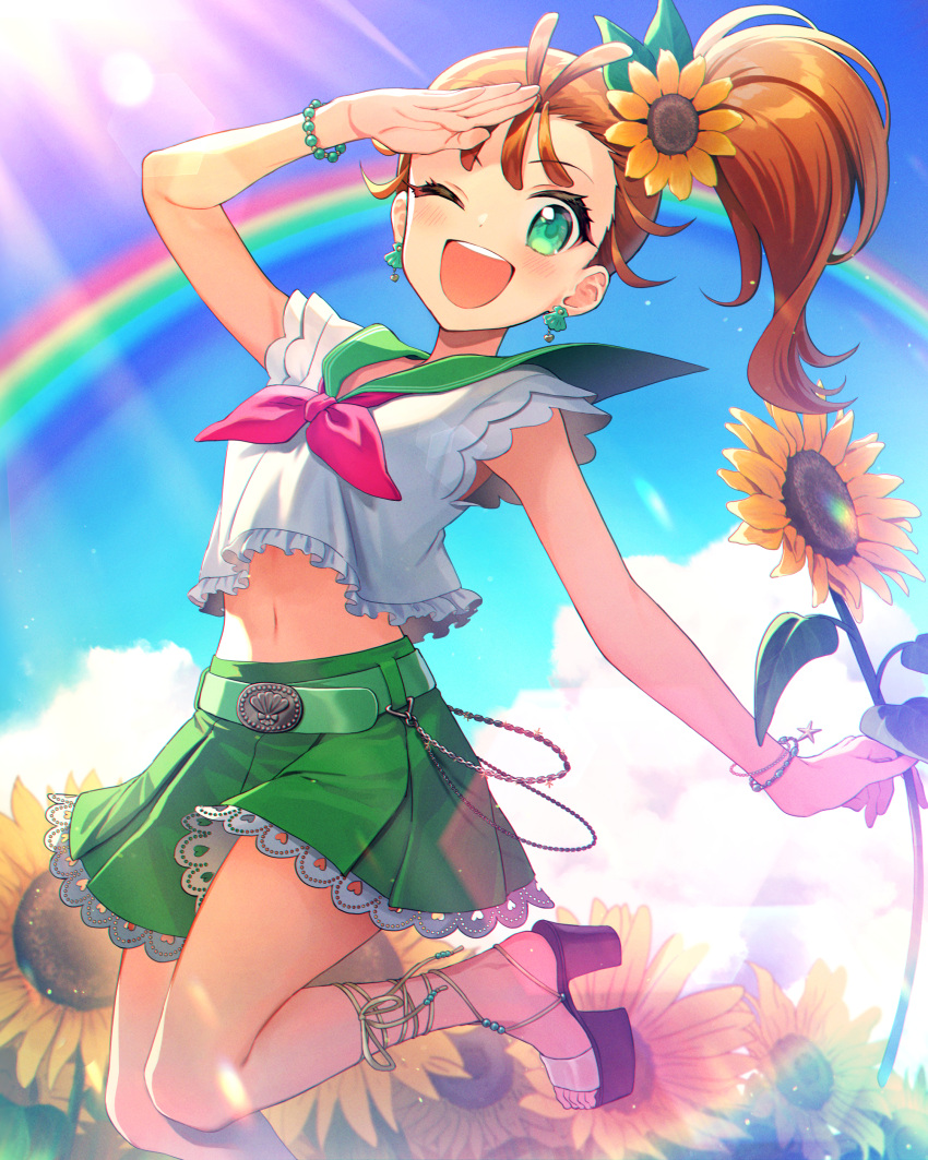 1girl ;d absurdres adapted_costume belt bracelet brown_hair earrings flower green_belt green_eyes green_sailor_collar green_skirt hair_flower hair_ornament high_side_ponytail highres holding holding_flower jewelry leg_up long_hair looking_at_viewer midriff miniskirt natsuumi_manatsu navel neckerchief one_eye_closed open_mouth pleated_skirt precure rainbow red_neckerchief sailor_collar sailor_shirt salute shell shell_earrings shirt skirt sleeveless sleeveless_shirt smile solo stomach sunflower sunlight tropical-rouge!_precure white_shirt yellow_flower yuzu_sato