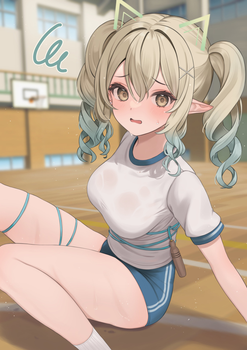 1girl absurdres blonde_hair blue_buruma blush breasts brown_eyes buruma commentary_request commission drill_hair gradient_hair green_hair gym_shirt gym_uniform hair_between_eyes hair_ornament hanazawa_ma highres jump_rope long_hair looking_at_viewer medium_breasts multicolored_hair nanase_eru pointy_ears shirt short_sleeves sitting skeb_commission solo squiggle sweat twin_drills twintails varium virtual_youtuber white_shirt x_hair_ornament