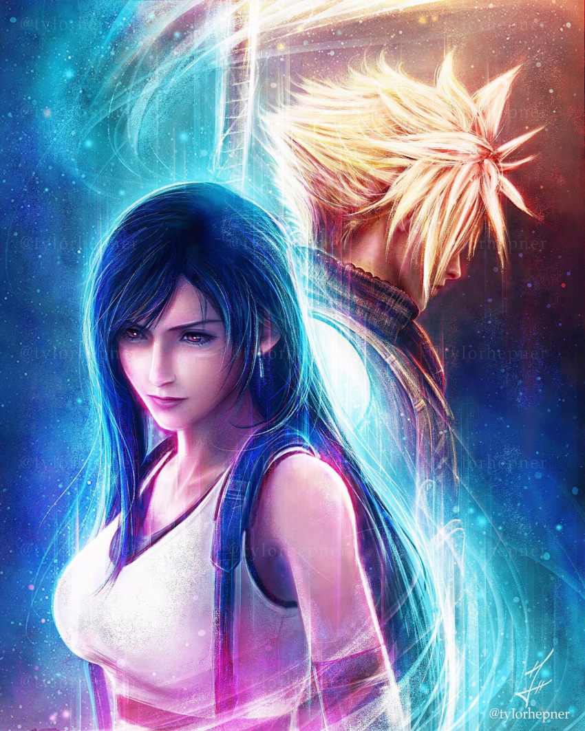 1boy 1girl armor bare_shoulders black_gloves black_hair black_sports_bra blonde_hair breasts buster_sword cloud_strife commentary crop_top earrings elbow_gloves english_commentary final_fantasy final_fantasy_vii final_fantasy_vii_remake flying_sweatdrops from_side gloves highres jewelry large_breasts light_particles lips long_hair profile realistic red_eyes serious short_hair shoulder_armor signature single_bare_shoulder single_earring single_sidelock sleeveless sleeveless_turtleneck spiked_hair sports_bra suspenders sweater sword sword_on_back tank_top teardrop_earring tifa_lockhart turtleneck turtleneck_sweater tylor_hepner upper_body weapon weapon_on_back white_tank_top
