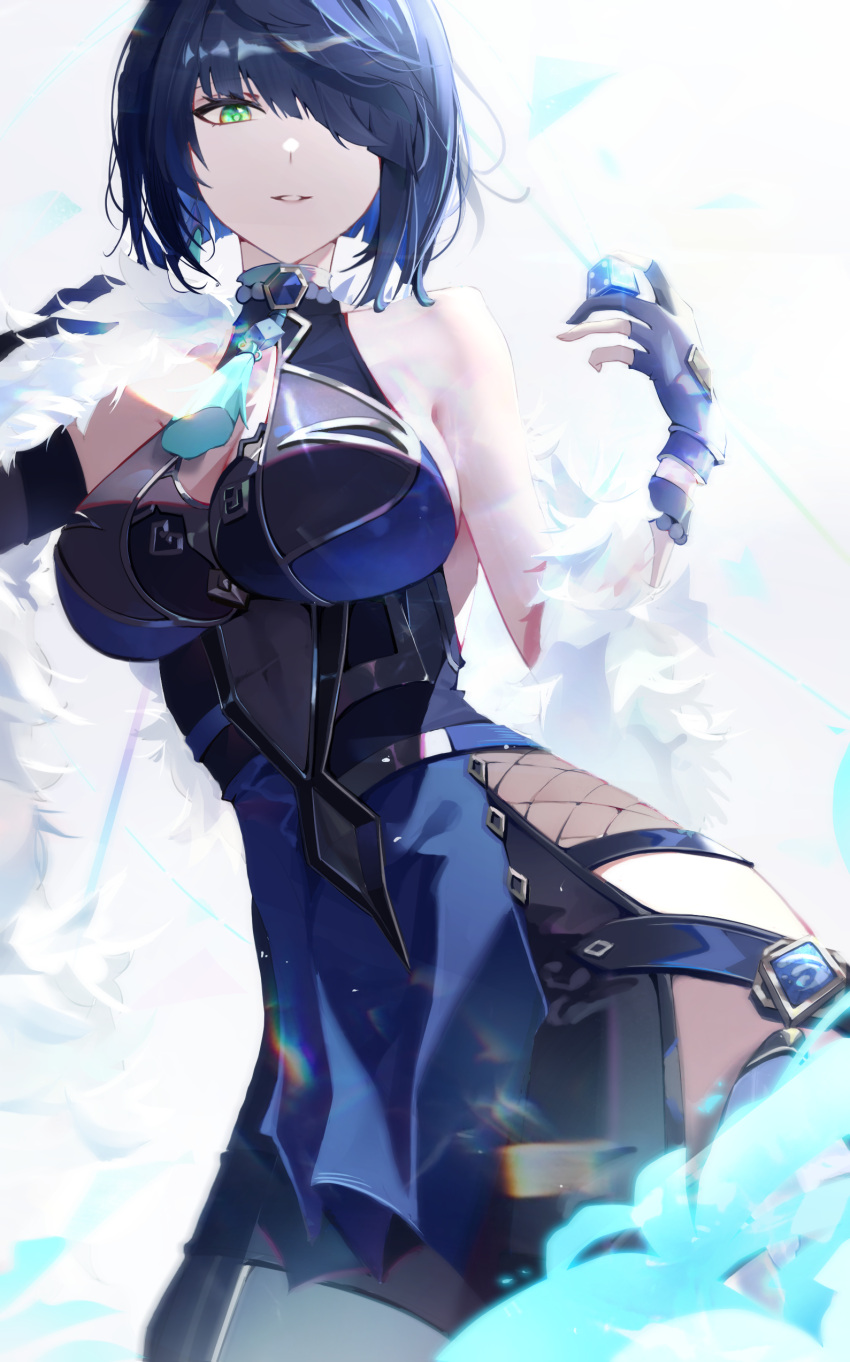 1girl absurdres amir0 bare_shoulders blue_dress blue_gloves blue_hair bodysuit breasts commentary_request cowboy_shot dice dress fishnet_bodysuit fishnets genshin_impact gloves green_eyes hair_over_one_eye hand_up highres holding_dice large_breasts looking_at_viewer looking_down one_eye_covered partially_fingerless_gloves short_hair sleeveless sleeveless_dress smile solo white_background yelan_(genshin_impact)