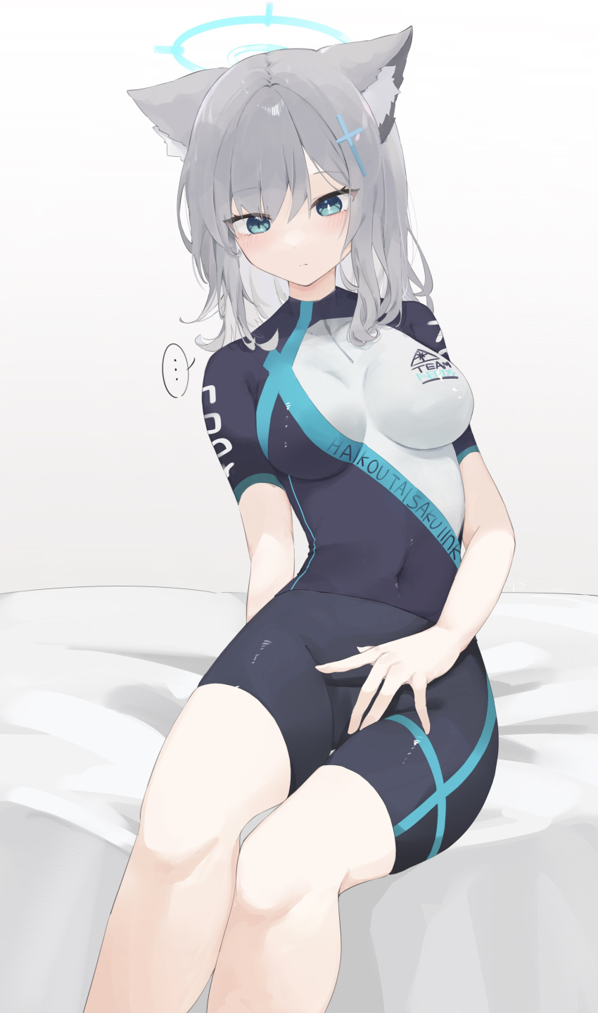... 1girl absurdres animal_ears aqua_eyes bare_legs bed_sheet bike_jersey bike_shorts blue_archive blush covered_navel cycling_uniform feet_out_of_frame grey_hair halo highres looking_down medium_hair mismatched_pupils mz_mz shiroko_(blue_archive) shiroko_(cycling)_(blue_archive) sitting skin_tight solo spoken_ellipsis wolf_ears