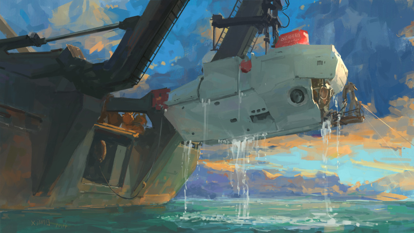 artist_name boat chinese_commentary cloud cloudy_sky commentary_request crane_(machine) dated dusk highres no_humans ocean original outdoors scenery sky submarine watercraft xilmo