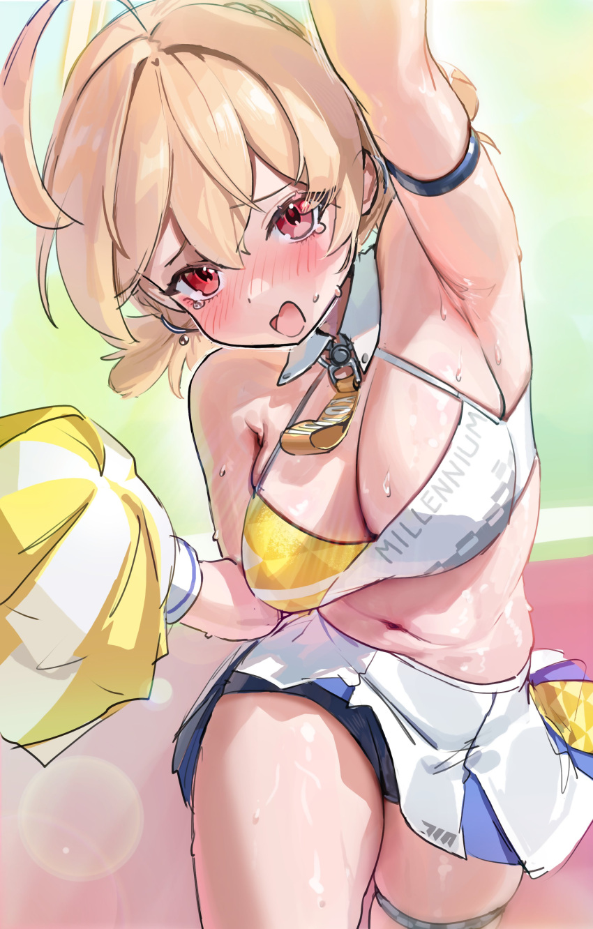 1girl absurdres ahoge arm_up armpits blonde_hair blue_archive blush breasts cheerleader chochomi crop_top hair_between_eyes halo highres kotori_(blue_archive) kotori_(cheer_squad)_(blue_archive) looking_at_viewer low_twintails muffin_top navel open_mouth pleated_skirt pom_pom_(cheerleading) red_eyes short_twintails shorts shorts_under_skirt skirt solo sweat tears thigh_strap twintails