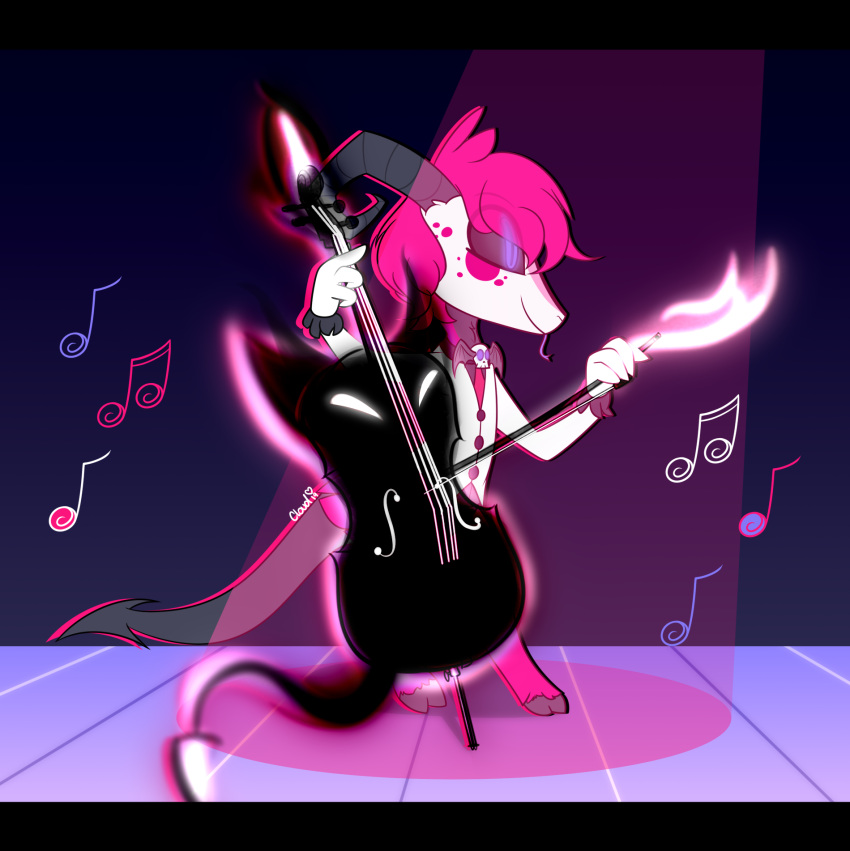 anthro bovid bowed_string_instrument breakingcloud caprine cello cloud_(breakingcloud) demon fan_character goat helluva_boss hi_res male mammal musical_instrument musical_note solo stage string_instrument tongue tongue_out