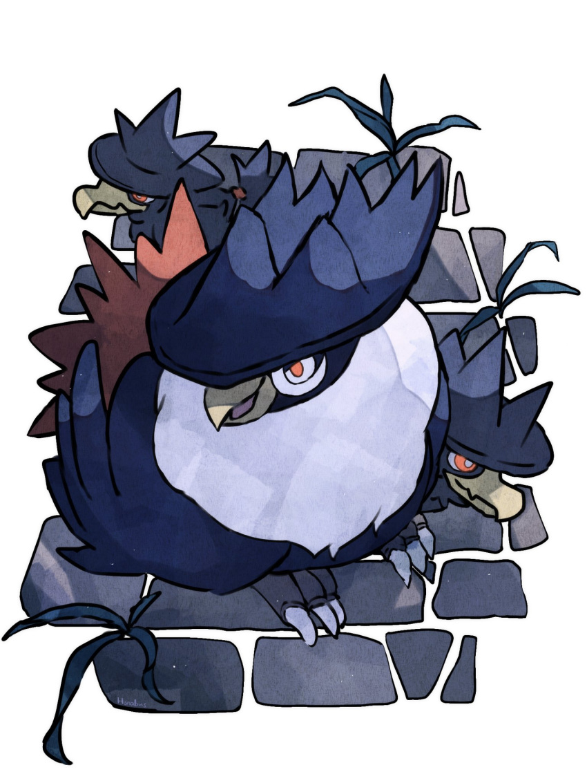 animal_focus beak bird blue_fur brick_road grass hanabusaoekaki highres honchkrow murkrow no_humans pokemon pokemon_(creature) red_eyes talons white_background white_fur