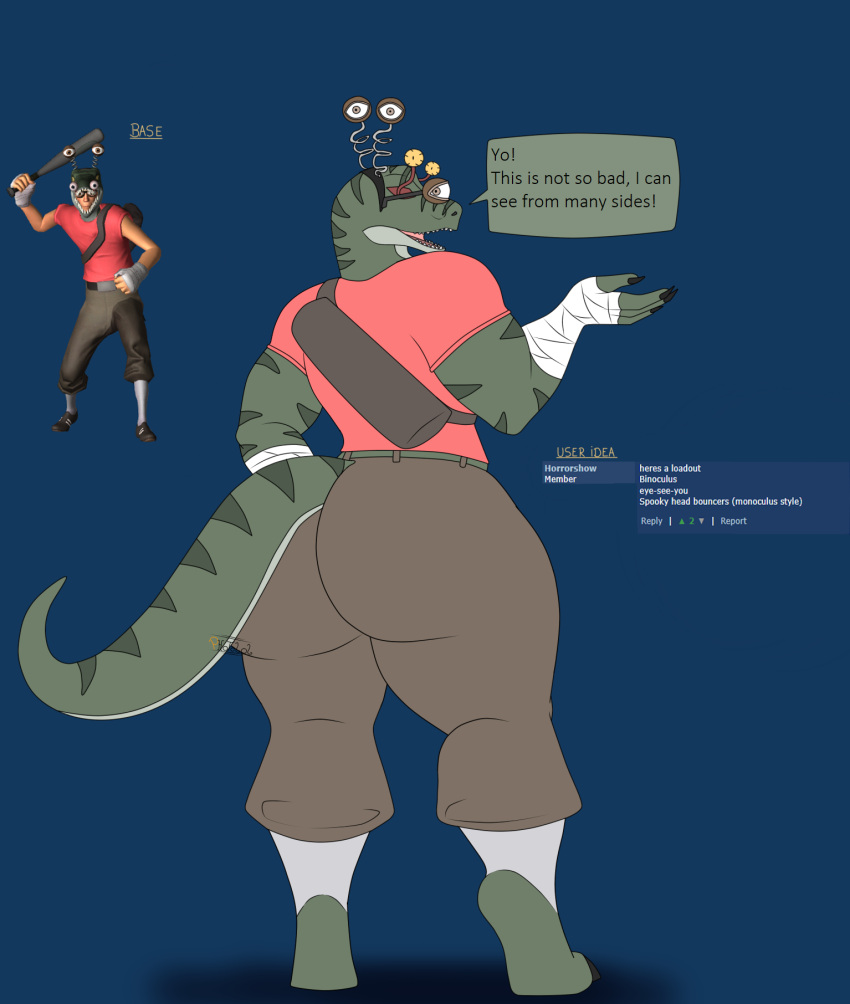 anthro backpack bandage big_butt butt clothed clothing dialogue dinosaur dromaeosaurid eyewear female glasses green_body halloween hat headgear headwear hi_res holidays miss-jeanette(photolol.03) photolol.03 reptile scalie scout_(team_fortress_2) solo team_fortress_2 text theropod thick_thighs valve velociraptor wide_hips yellow_eyes