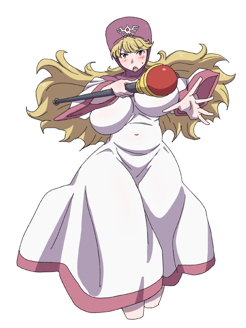 1girl absurdres aged_up blonde_hair blush bouncing_breasts breasts covered_navel cropped_legs curvy dragon_quest dragon_quest_ii dress floating_hair highres holding holding_staff hood hood_up large_breasts long_hair long_sleeves open_mouth outstretched_arm powerhamuhamu princess princess_of_moonbrook red_eyes simple_background solo staff standing teeth upper_teeth_only v-shaped_eyebrows white_background white_dress wide_hips