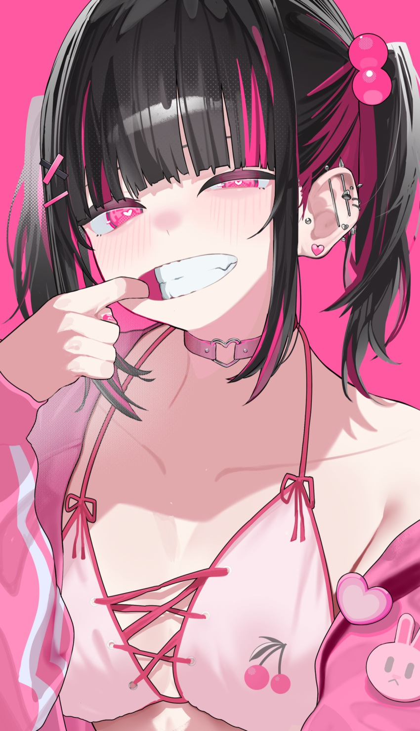 1girl 38_(sanjuuhachi) bikini black_hair blunt_bangs blush breasts choker clenched_teeth ear_piercing hair_bobbles hair_ornament hairclip heart heart-shaped_pupils highres jacket long_sleeves looking_at_viewer medium_breasts mouth_pull multicolored_hair nail_polish off_shoulder open_clothes open_jacket original piercing pink_background pink_bikini pink_choker pink_eyes pink_hair pink_jacket pink_nails simple_background solo streaked_hair swimsuit symbol-shaped_pupils teeth twintails upper_body