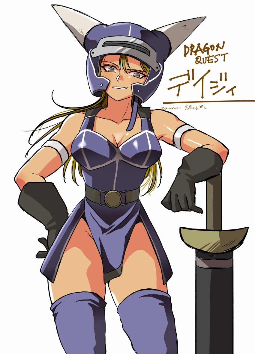 1girl absurdres armlet armor belt blue_armor blue_thighhighs breasts brown_eyes daisy_(dq) dragon_quest dragon_quest_yuusha_abel_densetsu fake_horns full_body gloves helmet highres horned_helmet horns long_hair looking_at_viewer simple_background smile solo sword thighhighs towoko_(orange_bitch) weapon white_background
