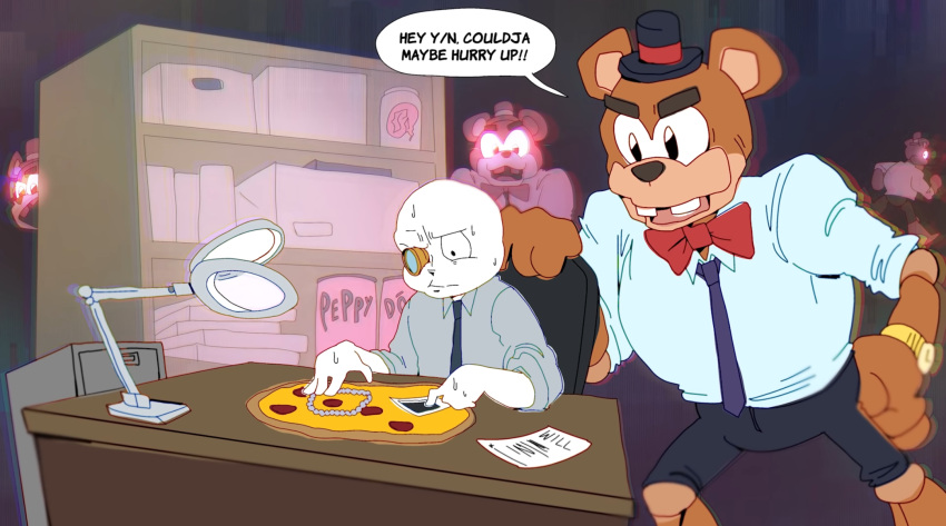 ambiguous_gender animatronic anthro bear bodily_fluids bow_tie clothing colored desk detailed_background dialogue drawfee duo english_text five_nights_at_freddy's food freddy_(fnaf) furniture hat headgear headwear hi_res karina_farek machine mammal necktie pizza robot scottgames speech_bubble sweat table text top_hat ych_(character)