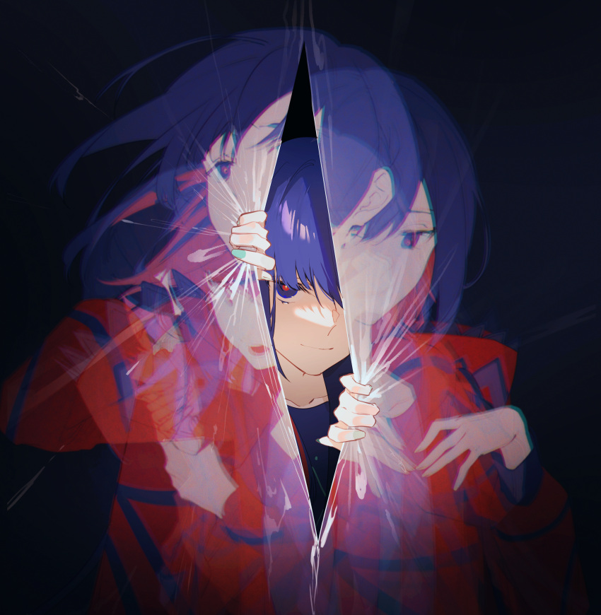 1girl absurdres aqua_nails blue_eyes blue_hair blue_shirt chinese_commentary closed_mouth collarbone colored_inner_hair commentary_request curtain_grab curtains half-closed_eyes highres hood hood_down hooded_jacket jacket kamitsubaki_studio looking_at_viewer multicolored_eyes multicolored_hair one_eye_covered opening red_eyes red_hair red_jacket rim_(kamitsubaki_studio) sanpaku shirt smile upper_body virtual_youtuber walluka