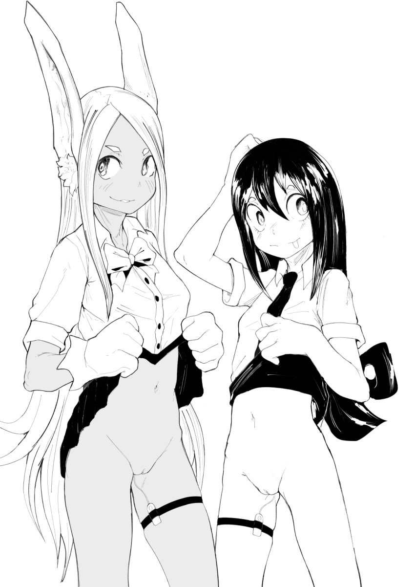 5_fingers animal_humanoid asui_tsuyu black_and_white black_bottomwear black_clothing black_hair black_legband black_necktie black_skirt blush blush_lines bottomwear bow_(feature) clothed clothing clothing_lift dark_body dark_skin dress_shirt duo eyebrows eyelashes female fingers front_view genitals gloves hair hand_on_head handwear hi_res humanoid humanoid_genitalia humanoid_pussy lagomorph lagomorph_humanoid legband leporid_humanoid long_hair looking_aside looking_at_viewer mammal mammal_humanoid masturbation miruko monochrome mouth_closed my_hero_academia navel necktie open_mouth penetration pussy rabbit_ears rabbit_humanoid rolled_up_sleeves sex_toy sex_toy_in_pussy sex_toy_insertion shirt shirt_collar simple_background skirt skirt_lift straight_hair teeth tongue tongue_out topwear vaginal vaginal_masturbation vaginal_penetration vibrator vibrator_in_pussy white_background whosadaman wide_eyed