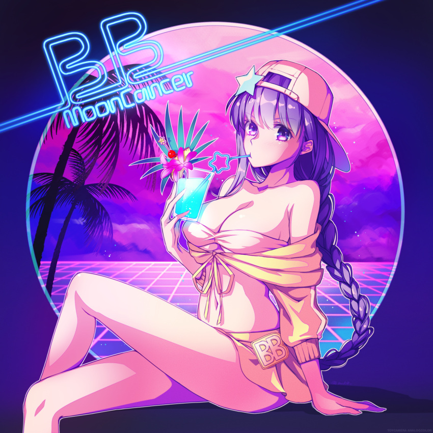 1girl anko_anko backwards_hat bb_(fate) bb_(swimsuit_mooncancer)_(fate) bb_(swimsuit_mooncancer)_(first_ascension)_(fate) breasts character_name cup drinking drinking_straw fate/grand_order fate_(series) hat highres holding holding_cup jacket large_breasts long_braid palm_tree purple_eyes purple_hair sitting solo thighs tree vaporwave yellow_jacket