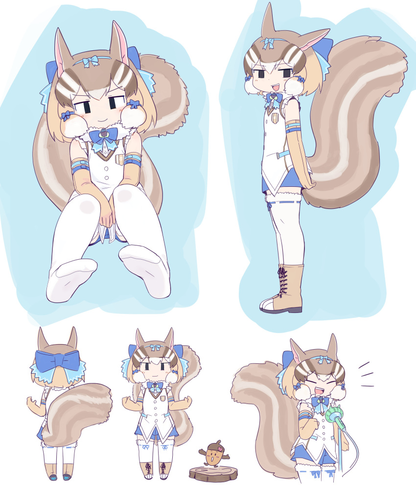 0x0082 1girl absurdres acorn animal_ears boots brown_eyes brown_hair chipmunk_ears chipmunk_girl chipmunk_tail elbow_gloves extra_ears gloves highres kemono_friends kemono_friends_v_project kneehighs looking_at_viewer microphone ribbon shirt short_hair shorts siberian_chipmunk_(kemono_friends) simple_background sleeveless sleeveless_shirt socks tail vest virtual_youtuber