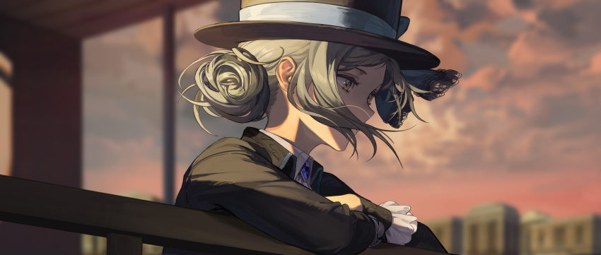 1girl absurdres black_coat black_hair blonde_hair blue_bow blurry blurry_background boater_hat bow building cloud cloudy_sky coat collared_shirt dusk floating_hair from_side hair_bun hand_on_railing hat hat_bow highres long_sleeves looking_ahead official_art outdoors railing reverse:1999 shirt sidelighting sky solo swept_bangs upper_body vertin_(reverse:1999) white_shirt yellow_eyes yetecong