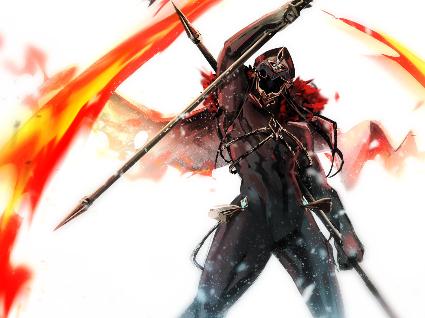 1boy black_bodysuit bodysuit cape capitano_(genshin_impact) dual_wielding facing_viewer feet_out_of_frame fire fur-trimmed_cape fur_trim genshin_impact gwinshin hat helmet highres holding holding_polearm holding_weapon male_focus mask muscular muscular_male polearm simple_background snow solo tassel weapon white_background