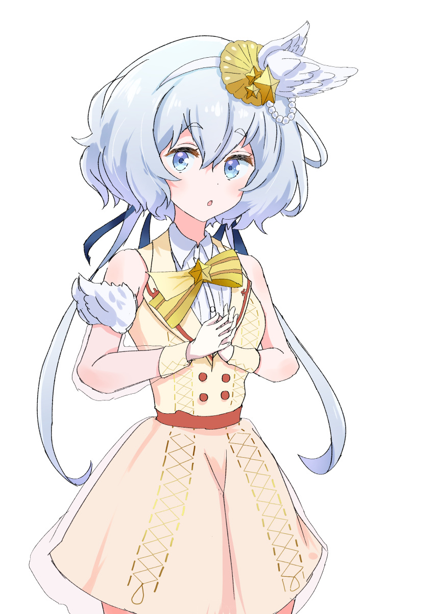 1girl :o absurdres blue_eyes dress gamer_u3 hair_ornament hairband highres idol konno_junko low_twintails open_mouth short_hair_with_long_locks sleeveless solo twintails white_hair white_hairband yellow_dress zombie_land_saga