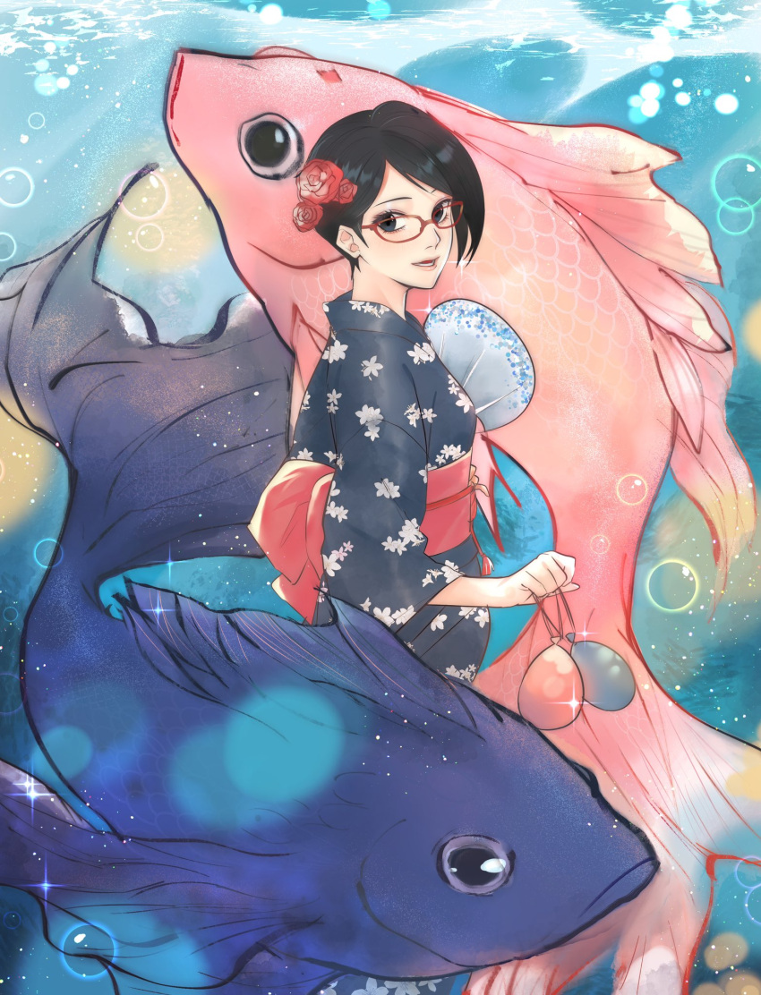 1girl air_bubble animal black_eyes black_hair black_kimono boruto:_naruto_next_generations bubble chinese_commentary commentary_request fish flower from_side glasses goldfish goma307 hair_flower hair_ornament hand_fan highres japanese_clothes kimono looking_at_viewer naruto_(series) obi oversized_animal paper_fan red-framed_eyewear sash short_hair smile uchiha_sarada uchiwa underwater yukata